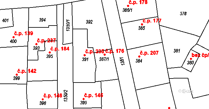 Tuchlovice 176 na parcele st. 387/1 v KÚ Tuchlovice, Katastrální mapa