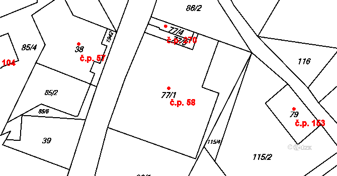 Bozkov 58 na parcele st. 77/1 v KÚ Bozkov, Katastrální mapa