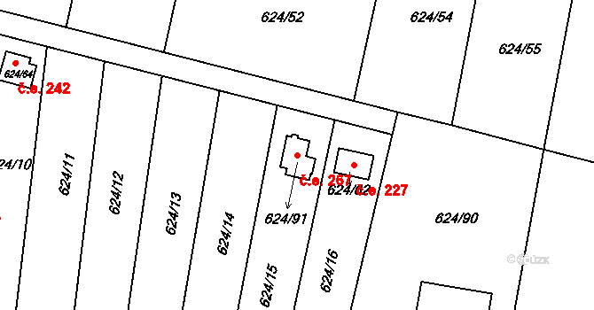 Žižlavice 267, Blansko na parcele st. 624/91 v KÚ Těchov, Katastrální mapa