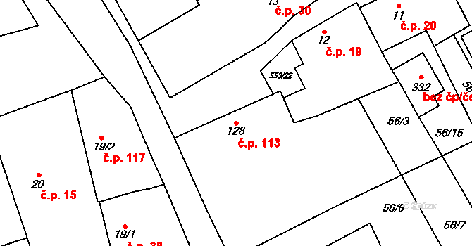 Tlustice 113 na parcele st. 128 v KÚ Tlustice, Katastrální mapa