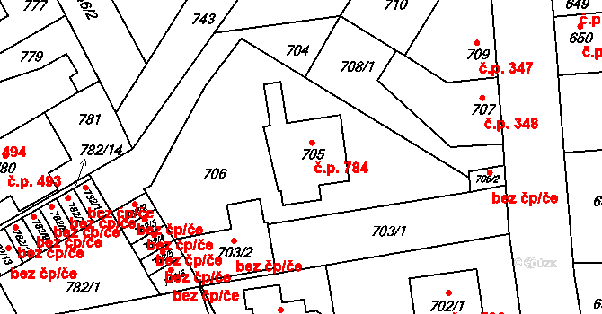 Kosmonosy 784 na parcele st. 705 v KÚ Kosmonosy, Katastrální mapa