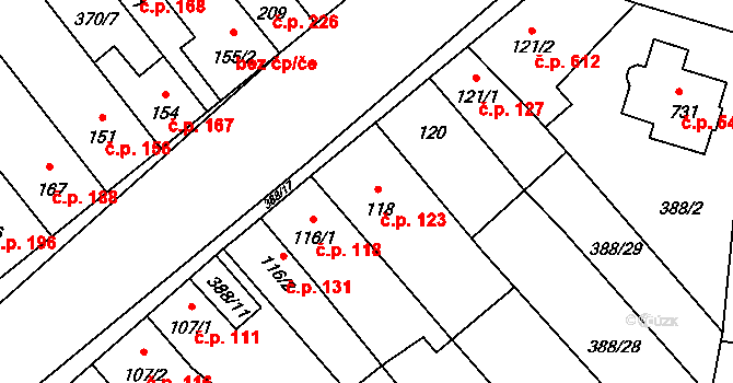 Okříšky 123 na parcele st. 118 v KÚ Okříšky, Katastrální mapa