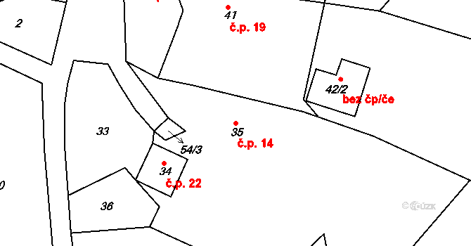 Radešín 14, Petrovice na parcele st. 35 v KÚ Radešín, Katastrální mapa