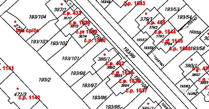 Sezimovo Ústí 432 na parcele st. 386/1 v KÚ Sezimovo Ústí, Katastrální mapa