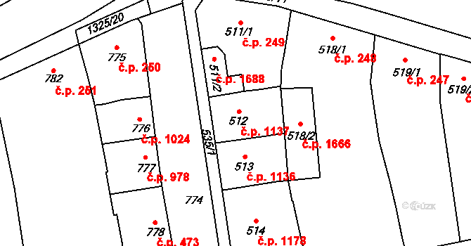 Šlapanice 1137 na parcele st. 512 v KÚ Šlapanice u Brna, Katastrální mapa