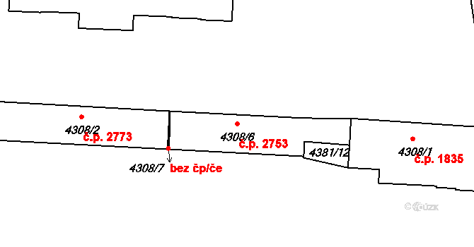 Žižkov 2753, Praha na parcele st. 4308/6 v KÚ Žižkov, Katastrální mapa