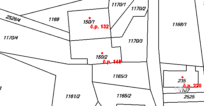 Horní Třešňovec 148 na parcele st. 150/2 v KÚ Horní Třešňovec, Katastrální mapa