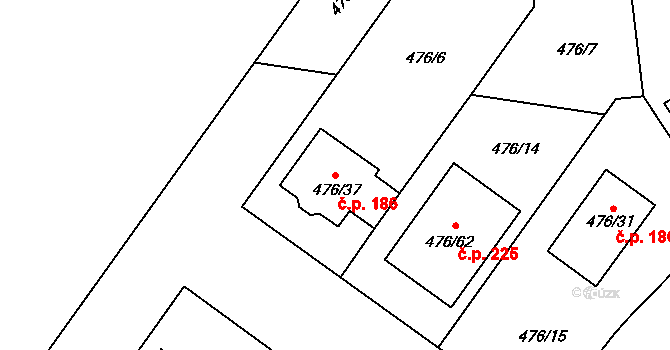 Želatovice 186 na parcele st. 476/37 v KÚ Želatovice, Katastrální mapa