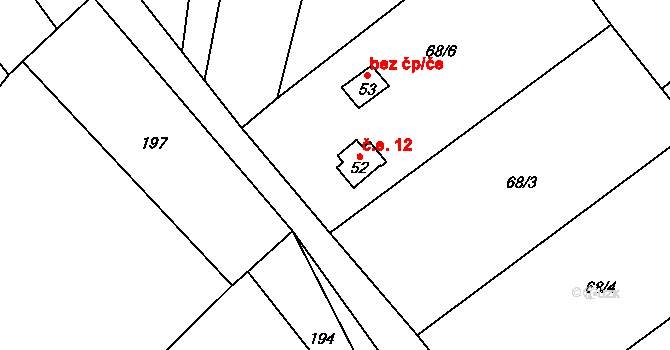 Těšetiny 12, Mochtín na parcele st. 52 v KÚ Těšetiny, Katastrální mapa