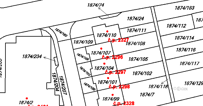Libeň 2296, Praha na parcele st. 1874/107 v KÚ Libeň, Katastrální mapa