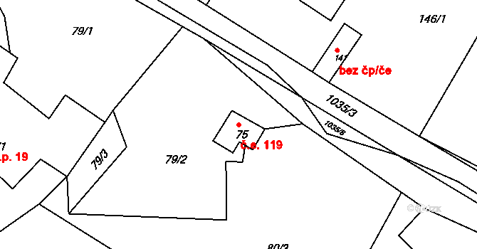 Vraclávek 119, Hošťálkovy na parcele st. 75 v KÚ Vraclávek, Katastrální mapa