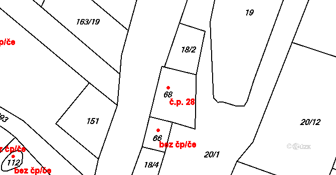 Všebořice 28, Loket na parcele st. 68 v KÚ Všebořice u Dolních Kralovic, Katastrální mapa