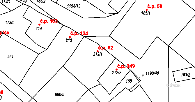 Jimramov 62 na parcele st. 212/1 v KÚ Jimramov, Katastrální mapa