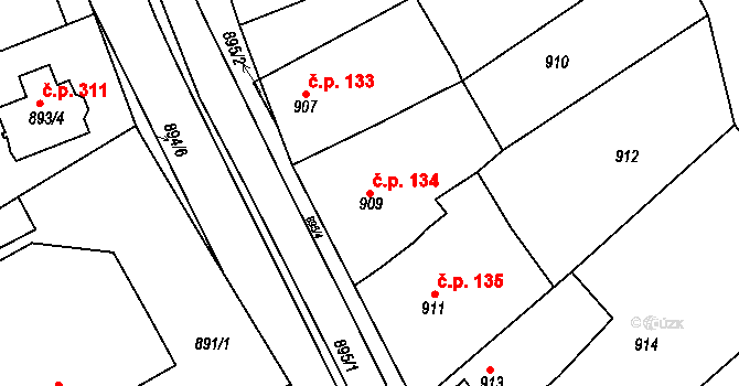 Holubice 134 na parcele st. 909 v KÚ Holubice, Katastrální mapa