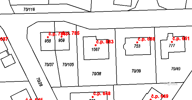 Hovorčovice 883 na parcele st. 1087 v KÚ Hovorčovice, Katastrální mapa