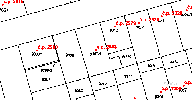 Jižní Předměstí 2943, Plzeň na parcele st. 9307/1 v KÚ Plzeň, Katastrální mapa