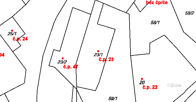 Rozhovice 23 na parcele st. 23/1 v KÚ Rozhovice, Katastrální mapa
