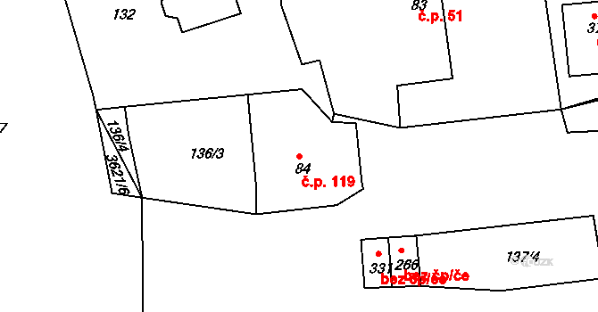 Pocinovice 119 na parcele st. 84 v KÚ Pocinovice, Katastrální mapa