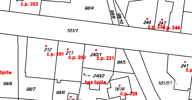 Rosice 221, Pardubice na parcele st. 240/1 v KÚ Rosice nad Labem, Katastrální mapa