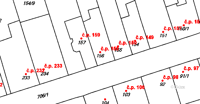 Svítkov 158, Pardubice na parcele st. 156 v KÚ Svítkov, Katastrální mapa