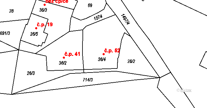 Bušanovice 52 na parcele st. 36/4 v KÚ Bušanovice, Katastrální mapa