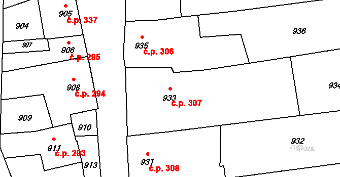 Fulnek 307 na parcele st. 933 v KÚ Fulnek, Katastrální mapa