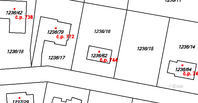 Proboštov 744 na parcele st. 1236/62 v KÚ Proboštov u Teplic, Katastrální mapa