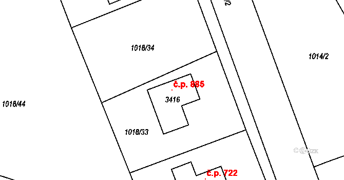 Ostravice 885 na parcele st. 3416 v KÚ Ostravice 1, Katastrální mapa