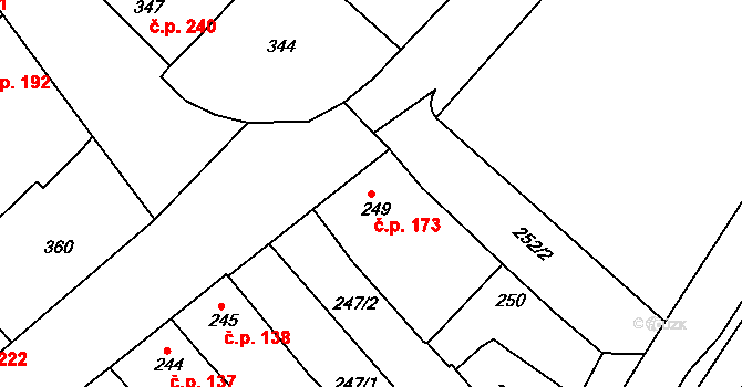Hrušky 173 na parcele st. 249 v KÚ Hrušky, Katastrální mapa