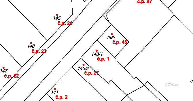 Otonovice 1, Hrubčice na parcele st. 140/1 v KÚ Hrubčice, Katastrální mapa