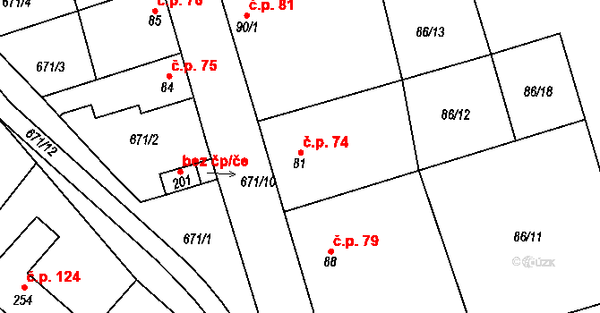 Prostějovičky 74 na parcele st. 81 v KÚ Prostějovičky, Katastrální mapa
