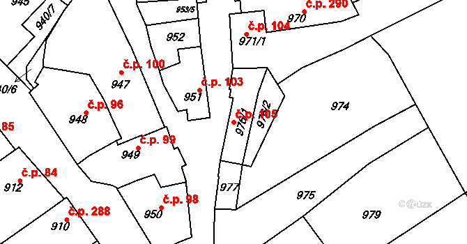 Vnorovy 105 na parcele st. 976/1 v KÚ Vnorovy, Katastrální mapa