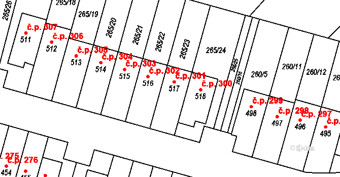 Velký Beranov 301 na parcele st. 517 v KÚ Velký Beranov, Katastrální mapa