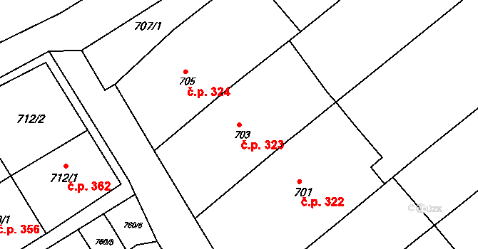 Šaratice 323 na parcele st. 703 v KÚ Šaratice, Katastrální mapa