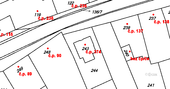 Grygov 374 na parcele st. 243 v KÚ Grygov, Katastrální mapa