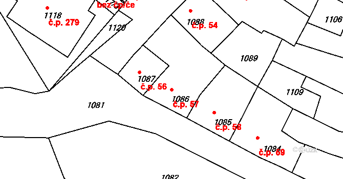 Mimoň IV 57, Mimoň na parcele st. 1086 v KÚ Mimoň, Katastrální mapa