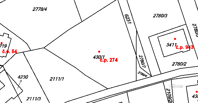 Rožnov pod Radhoštěm 274 na parcele st. 430/1 v KÚ Rožnov pod Radhoštěm, Katastrální mapa