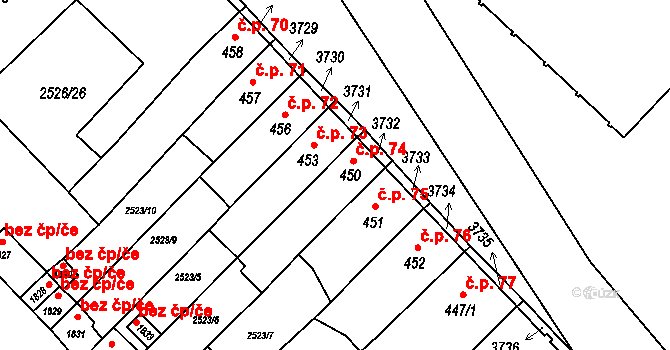 Jaroměřice nad Rokytnou 75 na parcele st. 451 v KÚ Jaroměřice nad Rokytnou, Katastrální mapa