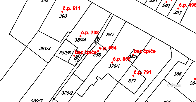 Tuřany 554, Brno na parcele st. 386 v KÚ Tuřany, Katastrální mapa
