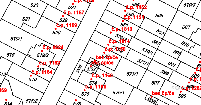 Černá Pole 1158, Brno na parcele st. 572 v KÚ Černá Pole, Katastrální mapa