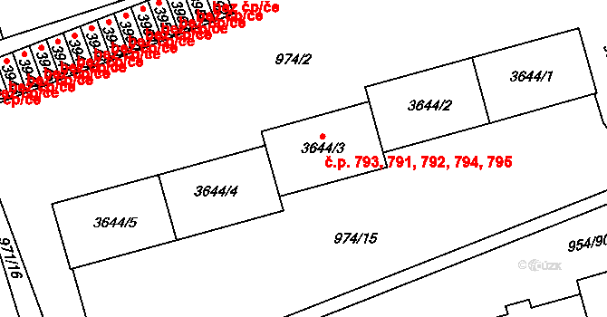 Klatovy III 791,792,793,794,795, Klatovy na parcele st. 3644/3 v KÚ Klatovy, Katastrální mapa