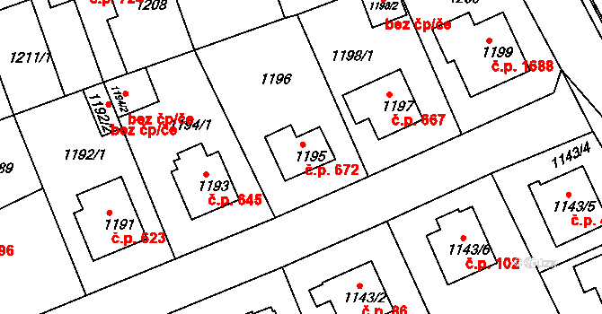 Modřany 672, Praha na parcele st. 1195 v KÚ Modřany, Katastrální mapa