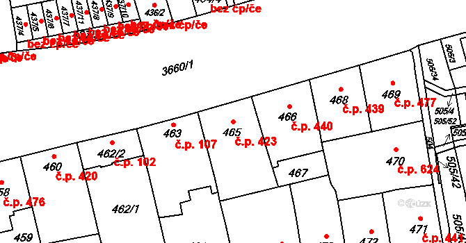 Břevnov 423, Praha na parcele st. 465 v KÚ Břevnov, Katastrální mapa
