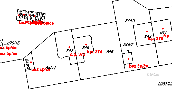 Střešovice 374, Praha na parcele st. 845 v KÚ Střešovice, Katastrální mapa