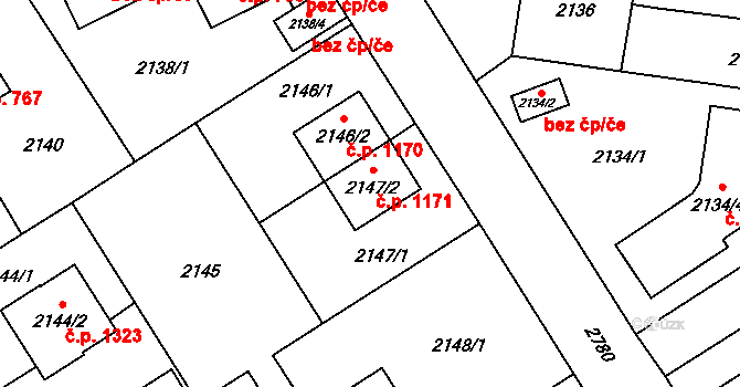 Kyje 1171, Praha na parcele st. 2147/2 v KÚ Kyje, Katastrální mapa