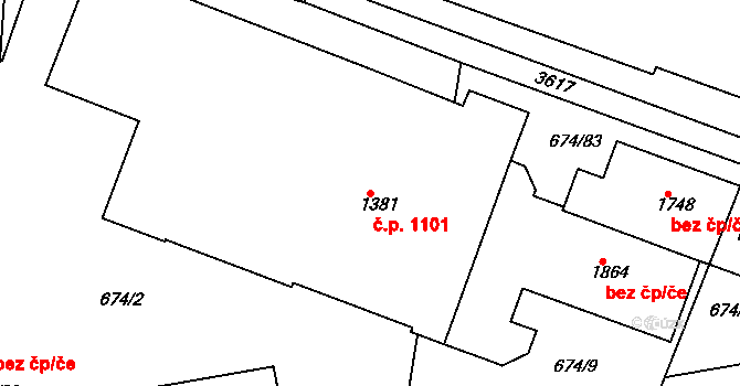 Rosice 1101 na parcele st. 1381 v KÚ Rosice u Brna, Katastrální mapa