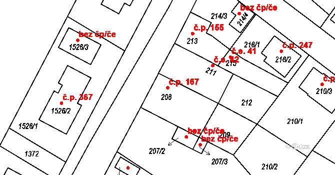 Radčice 167, Plzeň na parcele st. 208 v KÚ Radčice u Plzně, Katastrální mapa