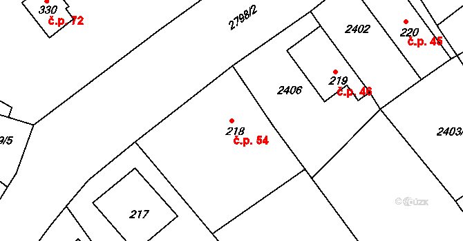 Karlovka 54, Velká Bukovina na parcele st. 218 v KÚ Karlovka, Katastrální mapa