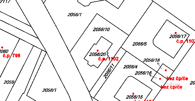 Jemnice 1102 na parcele st. 2056/20 v KÚ Jemnice, Katastrální mapa
