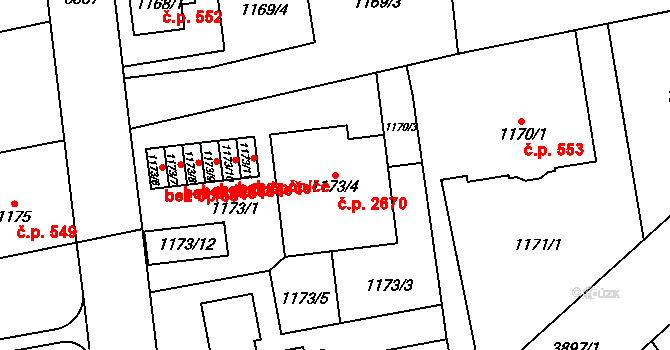 Horní Počernice 2670, Praha na parcele st. 1173/4 v KÚ Horní Počernice, Katastrální mapa